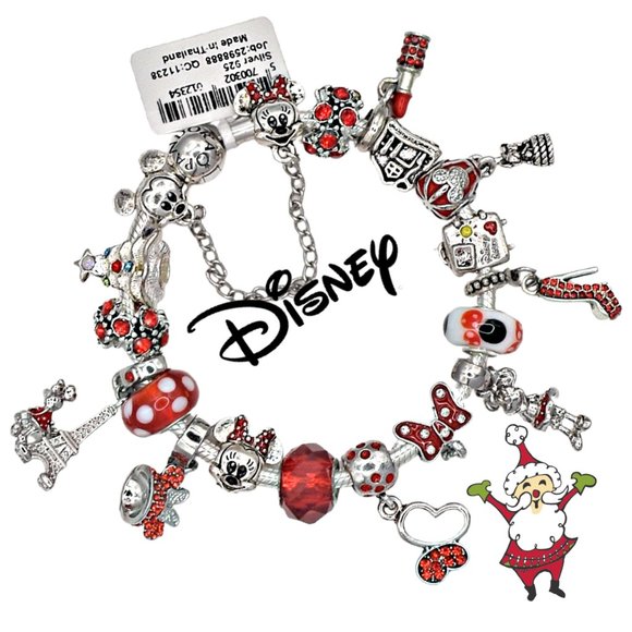 PANDORA BRACELET WITH DISNEY MINNIE 19 RED THEMED CHARMS NEW - Picture 6 of 8